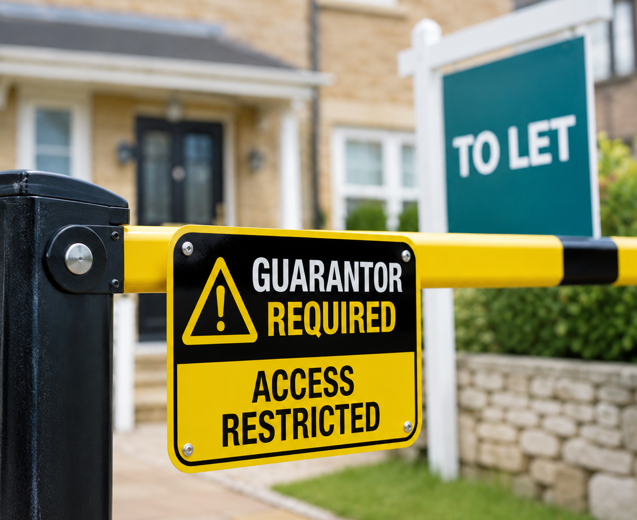 Guarantor required sign outside a rental property, highlighting tenant access barriers in the rental market
