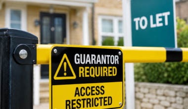 Guarantor required sign outside a rental property, highlighting tenant access barriers in the rental market