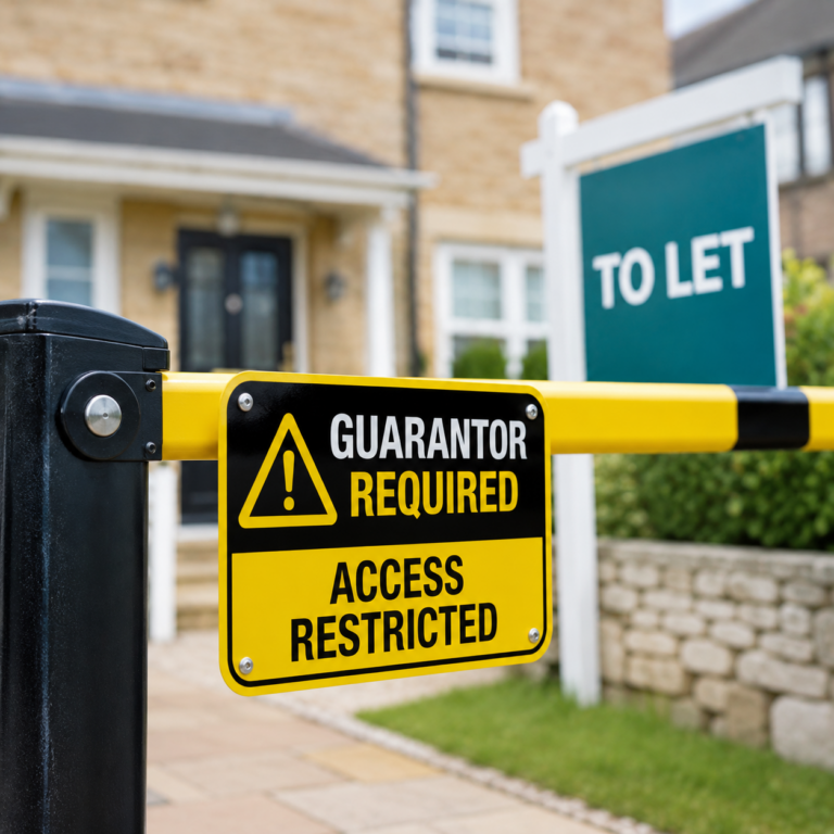 Guarantor required sign outside a rental property, highlighting tenant access barriers in the rental market