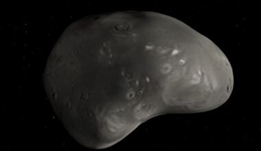 This illustration shows Mars' moon Deimos and its distinctive south pole depression. Thought the moon's surface appears smoother than its sibling Phobos, it's still been battered by impacts. One major impact created the south pole crater, and also spread a layer of regolith on the moon's surface. Image Credit: NASA Eyes on the Solar System.