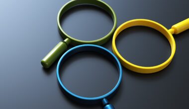 Three magnifying glasses in gree, yellow and blue laying on a dark grey background to illustrate the fact that distinct pulmonary inflammatory endotypes have been identified in suspected severe pneumonia