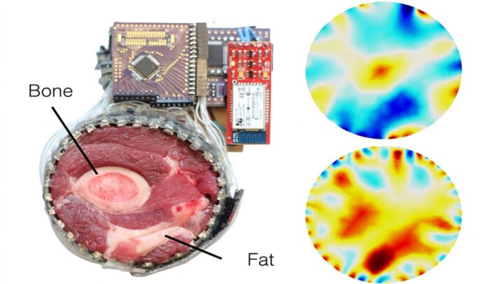 EIT wrist sensing setup showing the electrode array, bone and fat layers, and EIT maps.