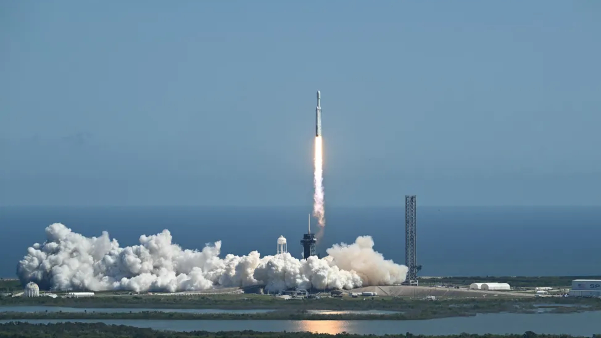 A SpaceX Falcon Heavy rocket launching from Florida