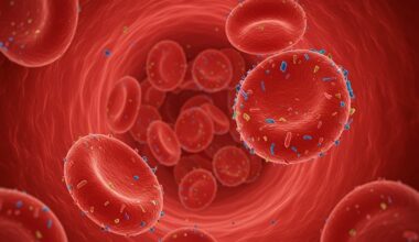 Red blood cells flowing throught the vessels with microplastics attached tot them