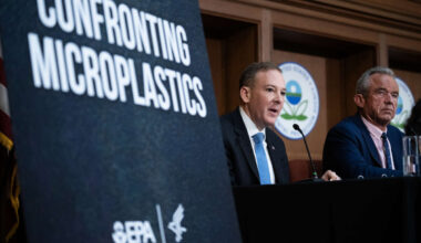 Environmental Protection Agency Administrator Lee Zeldin, left, and Health and Human Services Secretary Robert F. Kennedy, Jr., participate in a discussion to announce microplastics and pharmaceuticals will be listed as contaminants in drinking water, at the Environmental Protection Agency in Washington, D.C., on April 2, 2026.