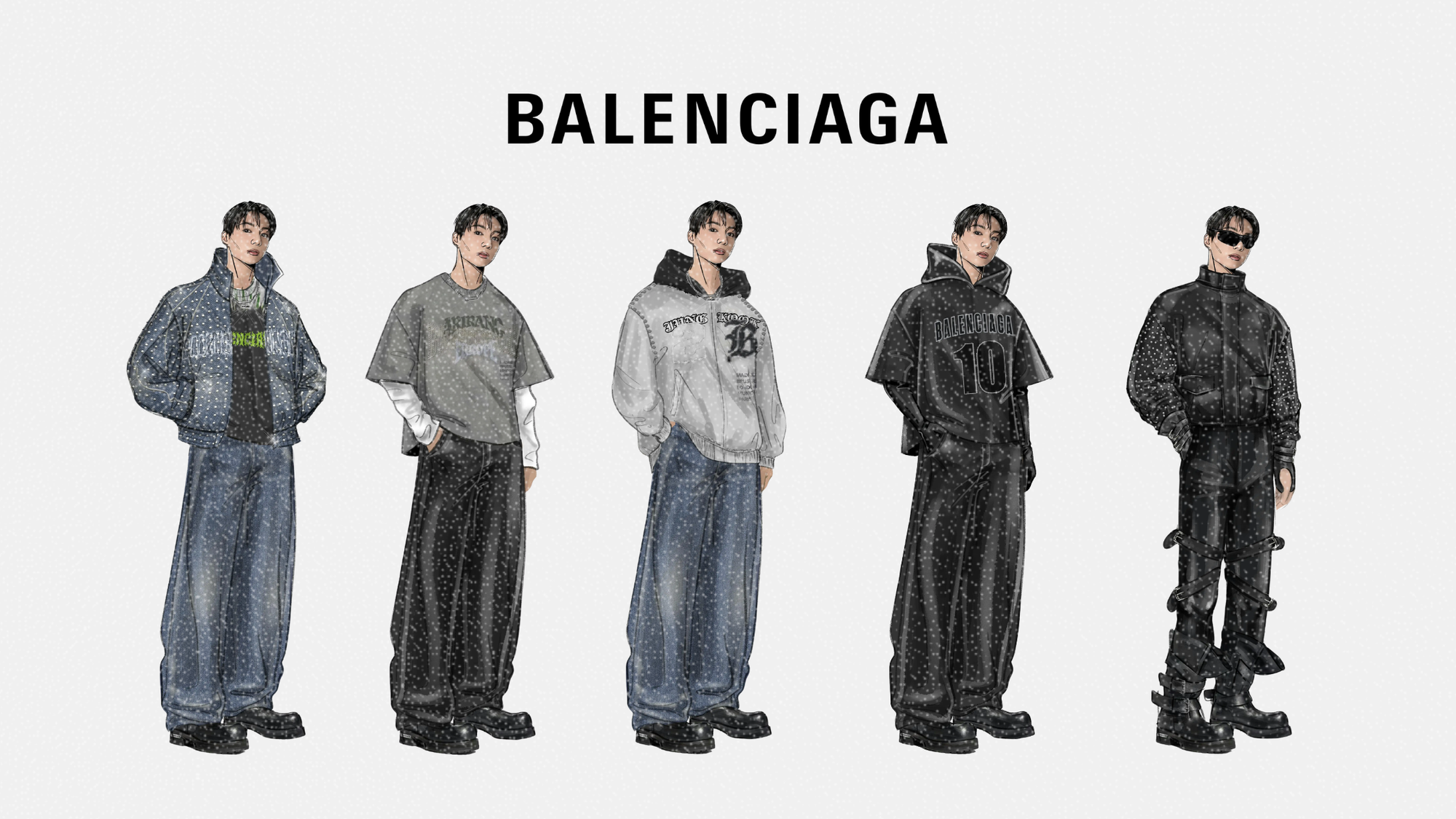 Sketches of Jung Kook's custom Balenciaga looks for ARIRANG WORLD TOUR, Paris Days 1 and 2