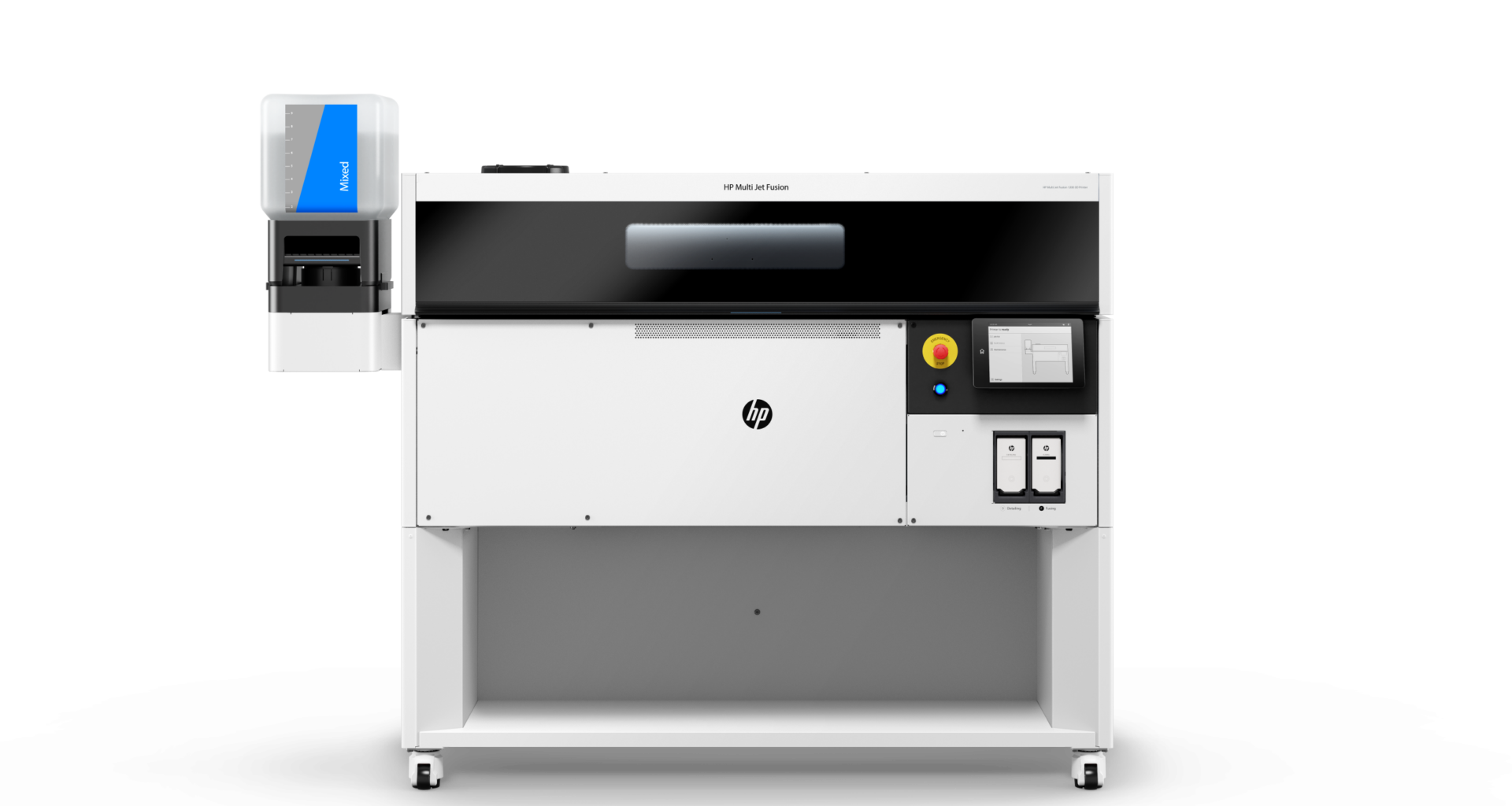 Front view of the HP MJF 1200 3D Printer with material tank attached. Image via HP.