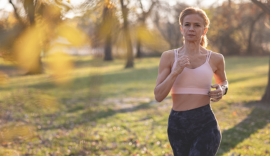 a woman runs and looks serious