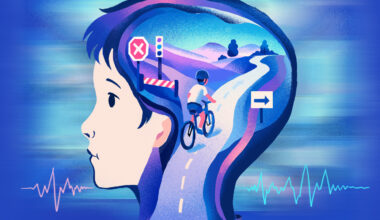 Illustration of a child's head in profile, with a road inside the brain leading to a cyclist navigating a stop sign and a directional arrow, flanked by heart rate lines, representing the link between physical fitness and cognitive control.