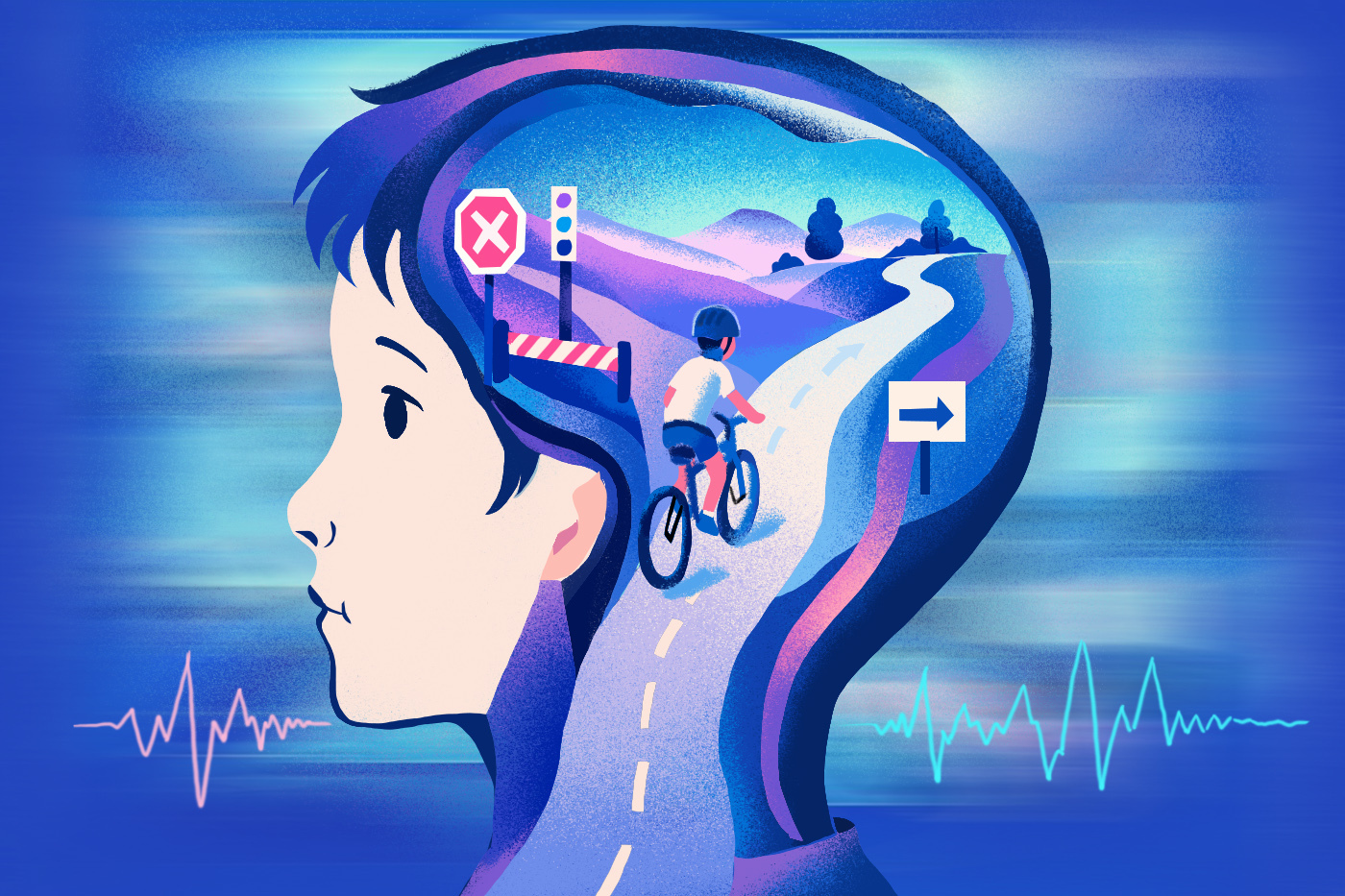Illustration of a child's head in profile, with a road inside the brain leading to a cyclist navigating a stop sign and a directional arrow, flanked by heart rate lines, representing the link between physical fitness and cognitive control.