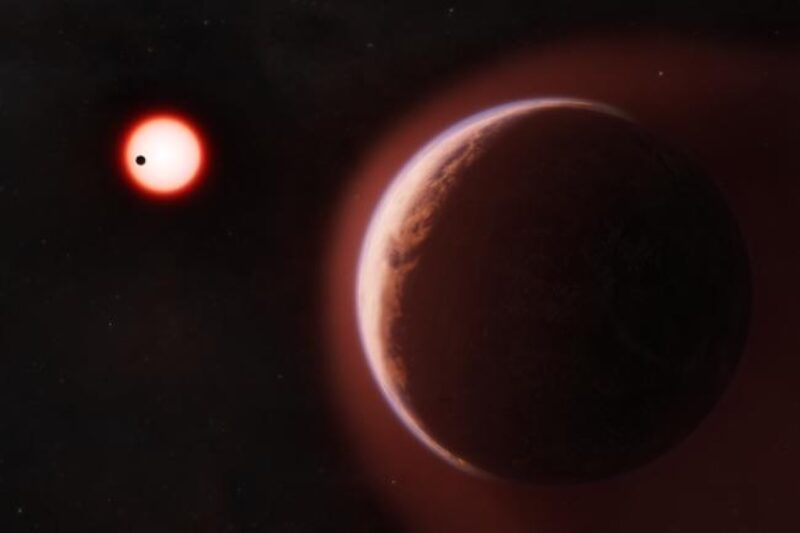 Planet with a reddish haze around it. Its sun and another planet in the distance.