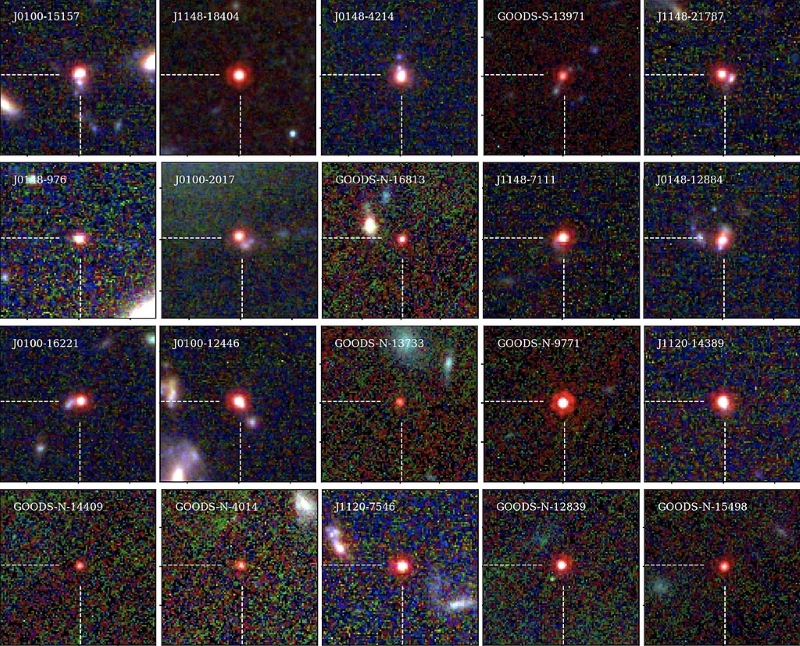 20 small space images, with dark fuzzy backgrounds and a blurry red dot at the middle of each.