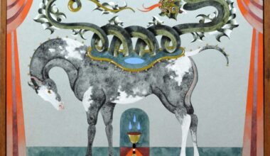 a mystical work by lou benesch featuring a horse sprouting vines and a green dragon