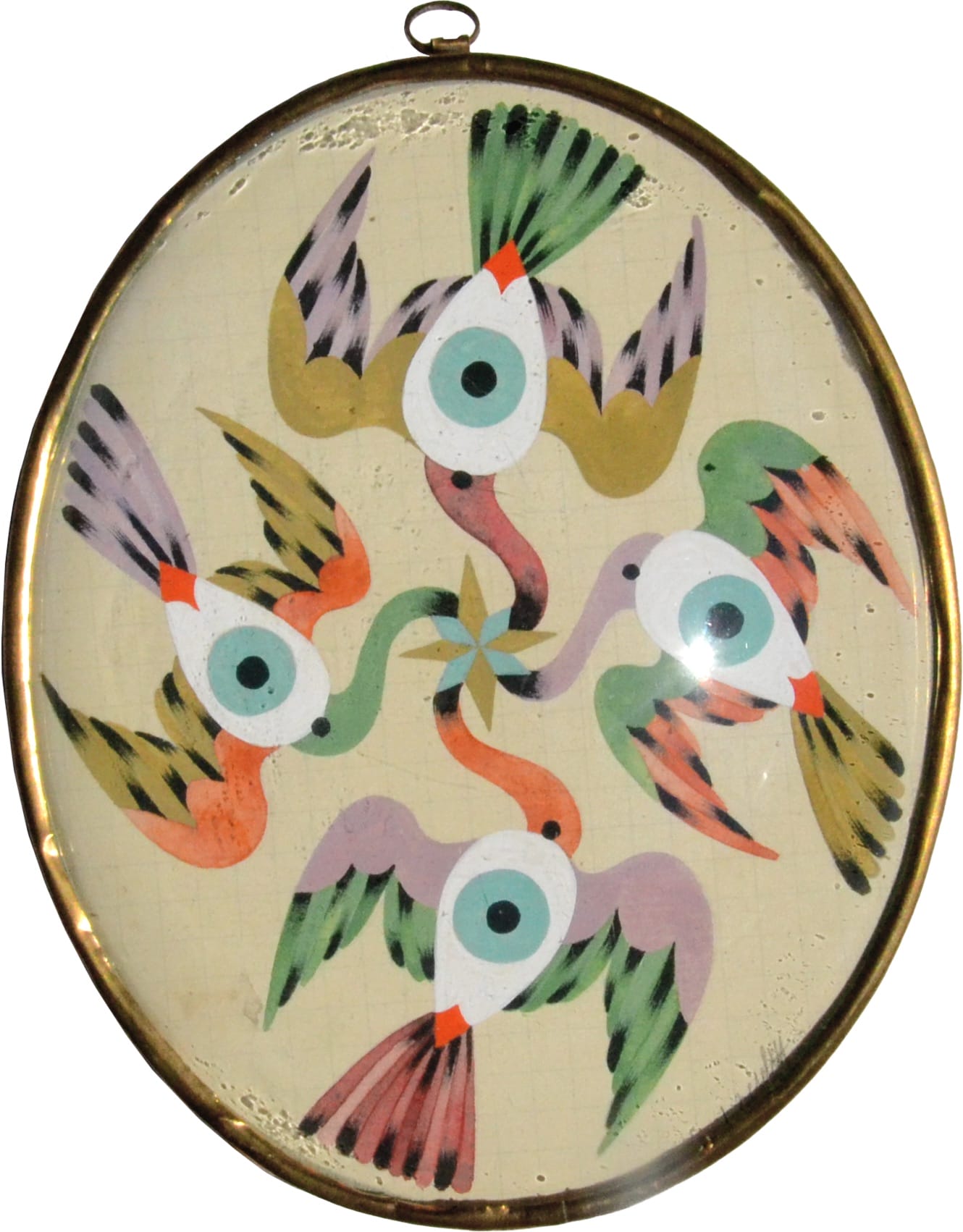 a mystical work by lou benesch featuring birds with eyes on their bodies