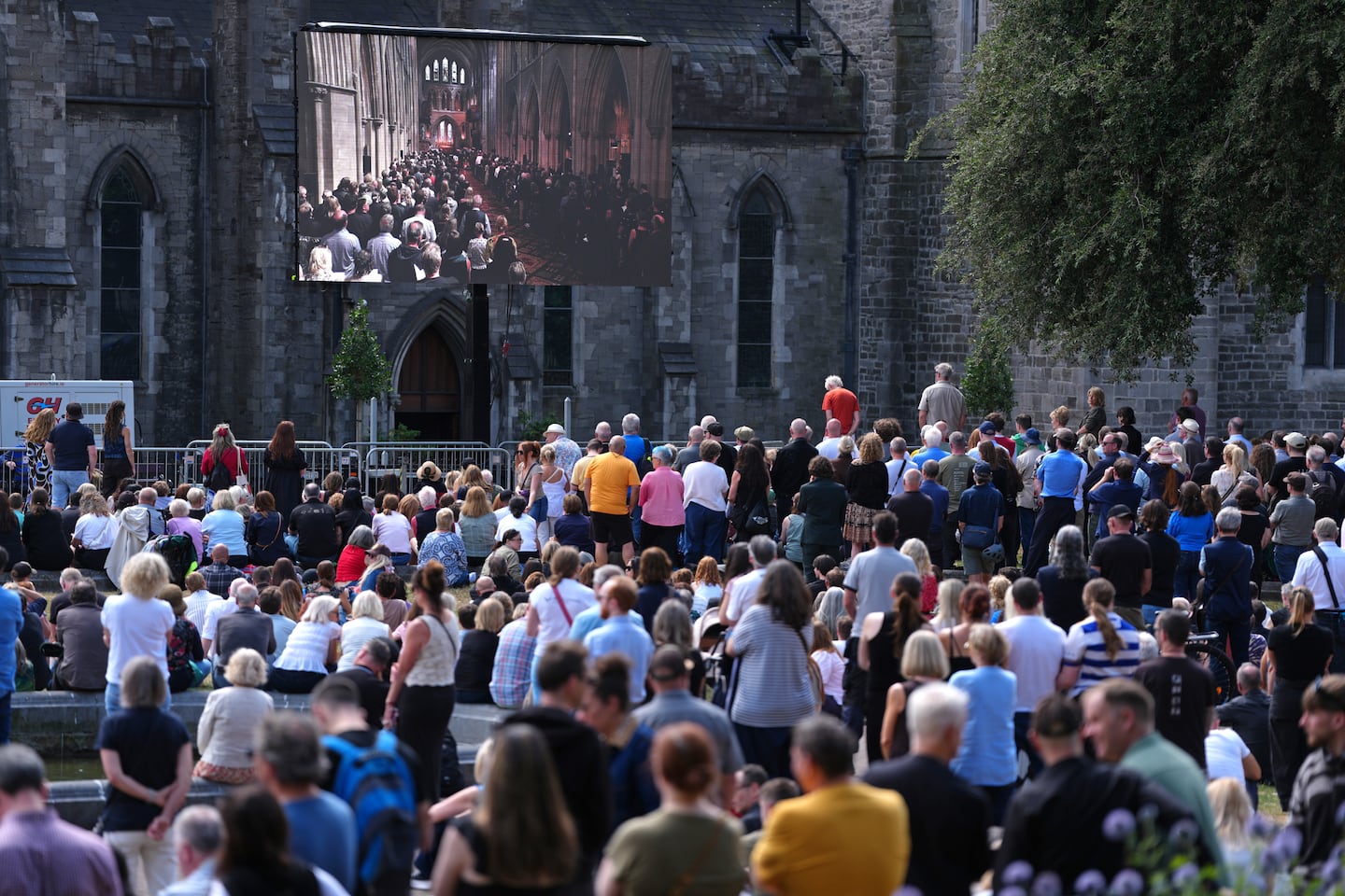 A general view of mourners outside the funeral of Glen Hansard at St Patrick's Cathedral in Dublin, Ireland. 