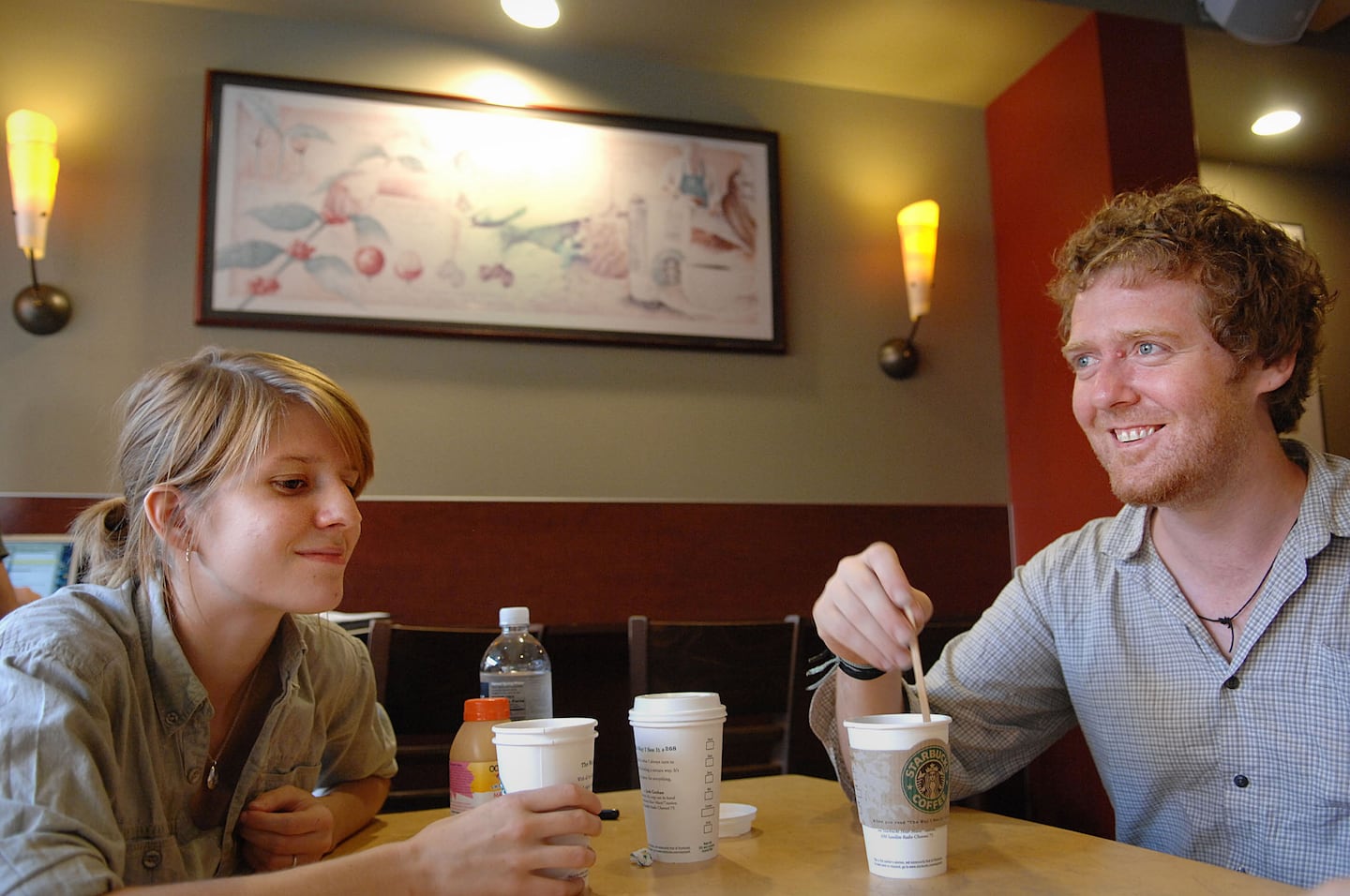 Glen Hansard and Marketa Irglova, right to left, photographed during an interview at Starbucks on July 25, 2007.