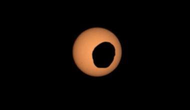 Perseverance sees Phobos cross in front of the Sun. Credit: NASA/JPL-Caltech/ASU/MSSS/SSI