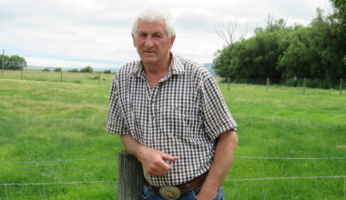 Older man wearing a plaid shirt leans on a wooden fence post in a grassy rural field with trees in the background