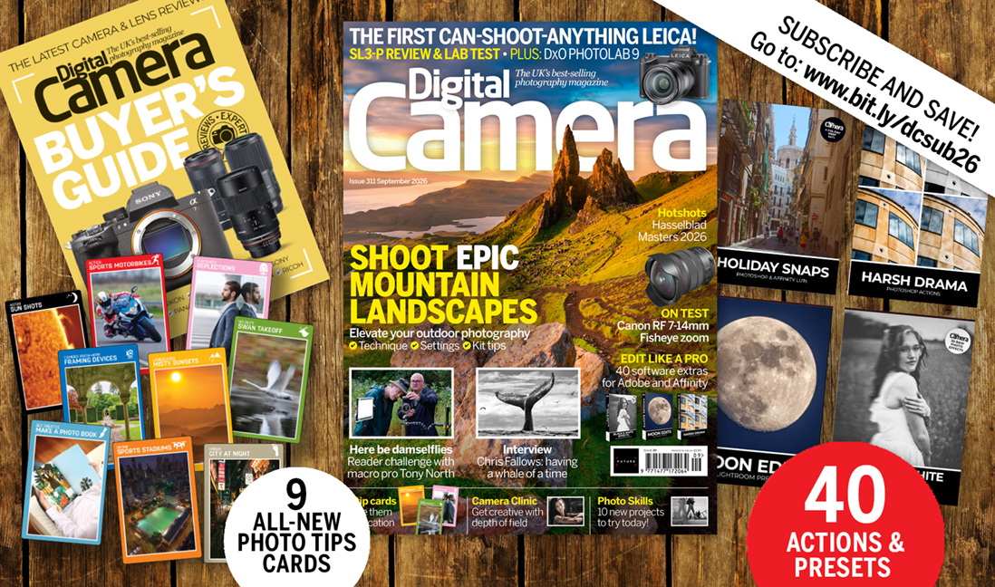 Front cover of issue 311 (September 2026) of Digital Camera magazine and images showing the included bonus gifts – 9 photo tips cards, 5 image editing tutorial videos, 40 software extras and an e-book