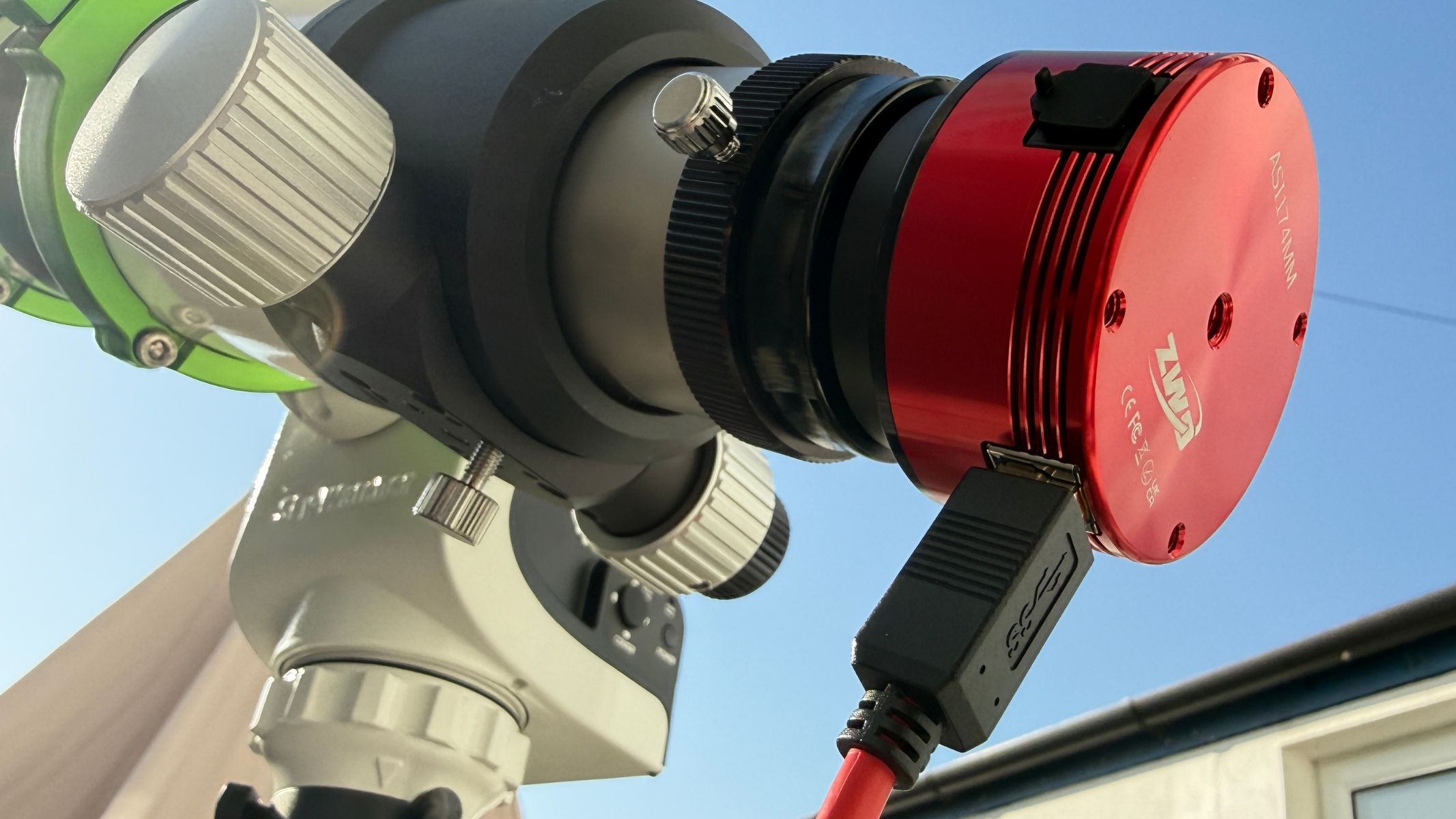 The ZWO ASI174mm mono camera connected to the Sky-Watcher Heliostar 76Ha solar telescope and Sky-Watcher SolarQuest mount.