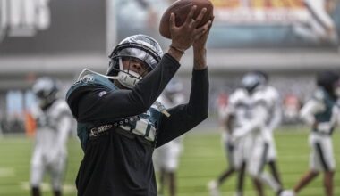 Philadelphia Eagles wide receiver DeVonta Smith catch the football during an indoor practice at the Jefferson Health Training Complex in Philadelphia.