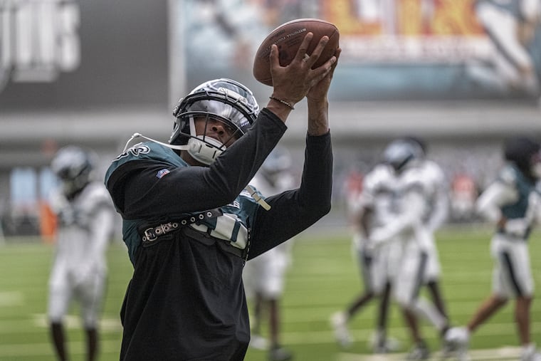 Philadelphia Eagles wide receiver DeVonta Smith catch the football during an indoor practice at the Jefferson Health Training Complex in Philadelphia.