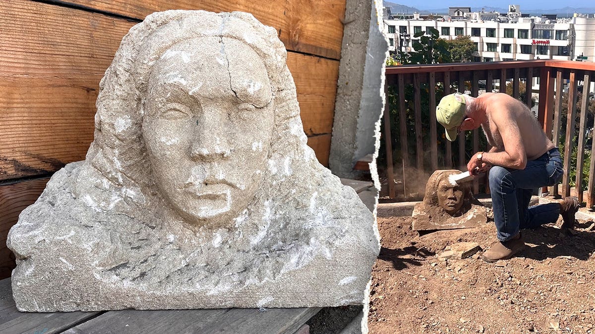 Image of statue next to Greg digging