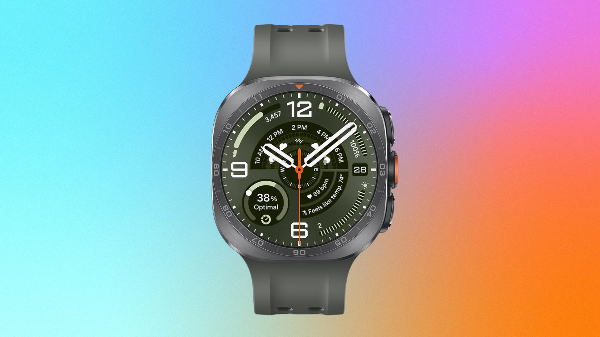 The Samsung Galaxy Watch Ultra 2 is shown on a blue, purple and orange background.