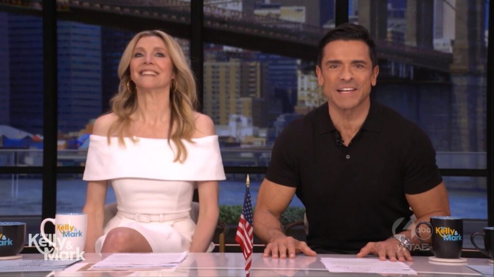 Sarah Chalke and Mark Consuelos on the August 3, 2026, episode of 'Live With Kelly and Mark.'