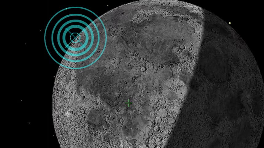 A photograph of a moon shows a highlighted area where part of a rocket recently crashed down.
