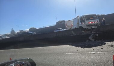 Truck crashes over median barrier on Auckland’s Northwestern Motorway