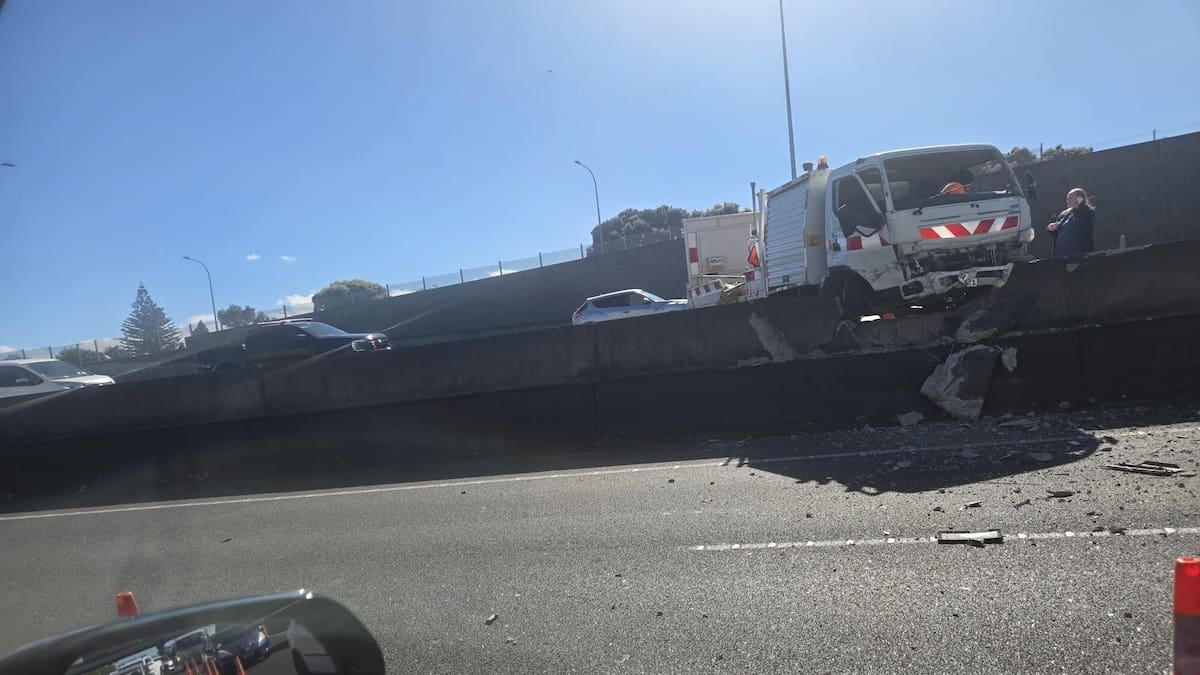 Truck crashes over median barrier on Auckland’s Northwestern Motorway