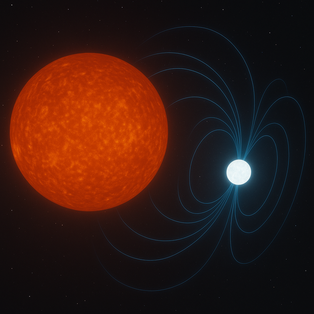 Artwork of a white dwarf–M dwarf binary stars. The white dwarf's magnetic field lines, which are stronger than those from the M dwarf, play a key role in creating long-period bursts of radio emission observed from binary stars like these. Credit: Elias Most (AI-generated)