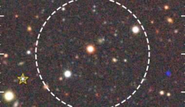 Starfield with a dashed circle around a faint Milky Way satellite galaxy and a marked star at left.