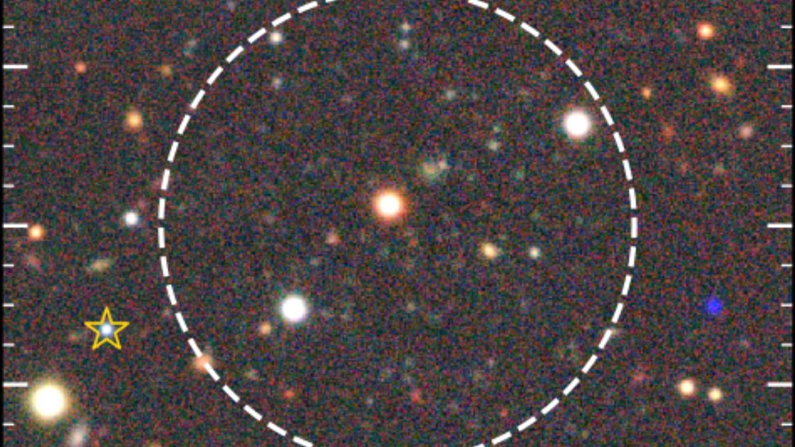 Starfield with a dashed circle around a faint Milky Way satellite galaxy and a marked star at left.
