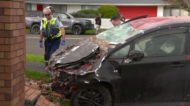 A car after crashing into a home in Palmerston North.