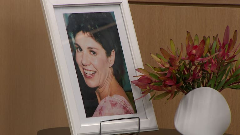 A framed photo of Pauline Hanna at the inquest into her death 