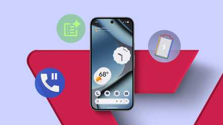 A Google Pixel smartphone surrounded by circular icons for Hold For Me, Call Notes, and Adaptive Charging features.