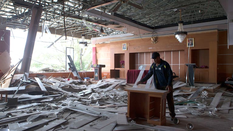 A building collapsed due to an earthquake, in Reok, East Nusa Tenggara province, Indonesia.