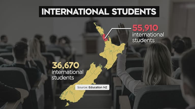 A map showing the number of international students enrolled with New Zealand education providers in 2025. (Source: Education NZ)