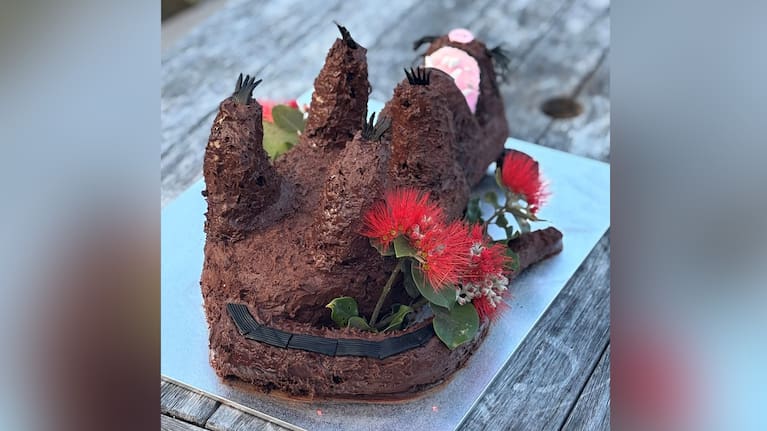 A possum cake decorated with pōhutukawa flowers. (Source: Predator Free Whangapoua)