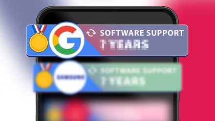 A smartphone with a leaderboard ranking phone manufacturers according to software support.