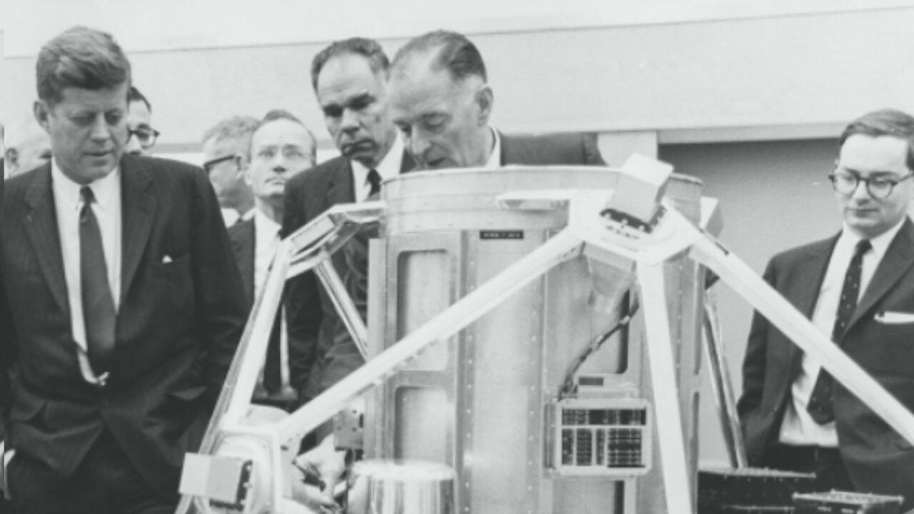 President John F Kennedy learning about Vela in 1962 (Sandia National lab photo) A vela model