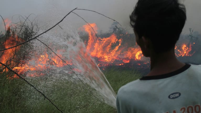 A volunteer sprays water in an attempt to extinguish a wildfire burning through a peatland field in Ogan Ilir, South Sumatra, Indonesia.