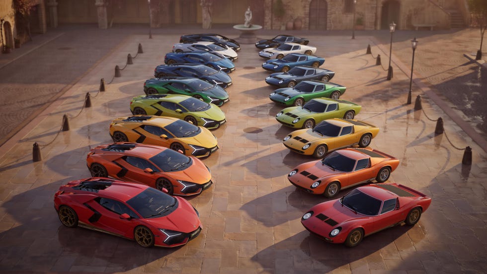 A lineup of various Lamborghini models in vibrant colors on a sunlit plaza with a statue in the background. A lineup of various Lamborghini models in vibrant colors on a sunlit plaza with a statue in the background.