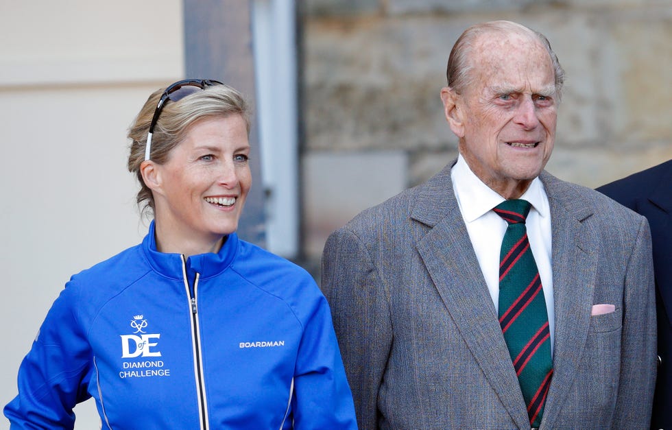 The Countess Of Wessex - Diamond Challenge edinburgh, united kingdom september 19: (embargoed for publication in uk newspapers until 48 hours after create date and time) sophie, countess of wessex and prince philip, duke of edinburgh (wearing the regimental tie of the rifles) pose for a photograph before the countess leaves the palace of holyroodhouse on day one of her diamond challenge cycle ride on september 19, 2016 in edinburgh, scotland. the countess of wessex is cycling 445 miles from the palace of holyroodhouse, edinburgh to buckingham palace, london over seven days as her diamond challenge, a special initiative marking the 60th anniversary of the duke of edinburghs award. (photo by max mumby/indigo/getty images)