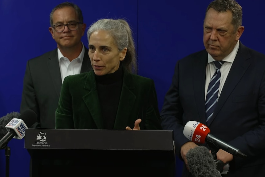 a woman with a grey ponytail speaks at a lecturn, flanked by two men.