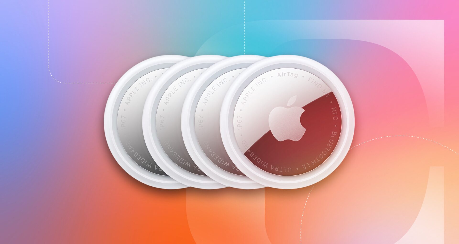 A 4 pack of AirTags on a CNET background.