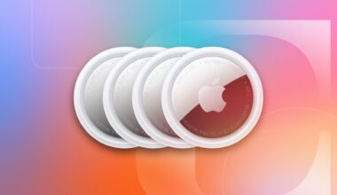 A 4 pack of AirTags on a CNET background.