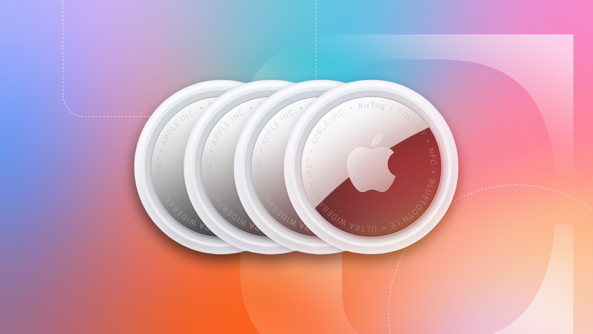 A 4 pack of AirTags on a CNET background.